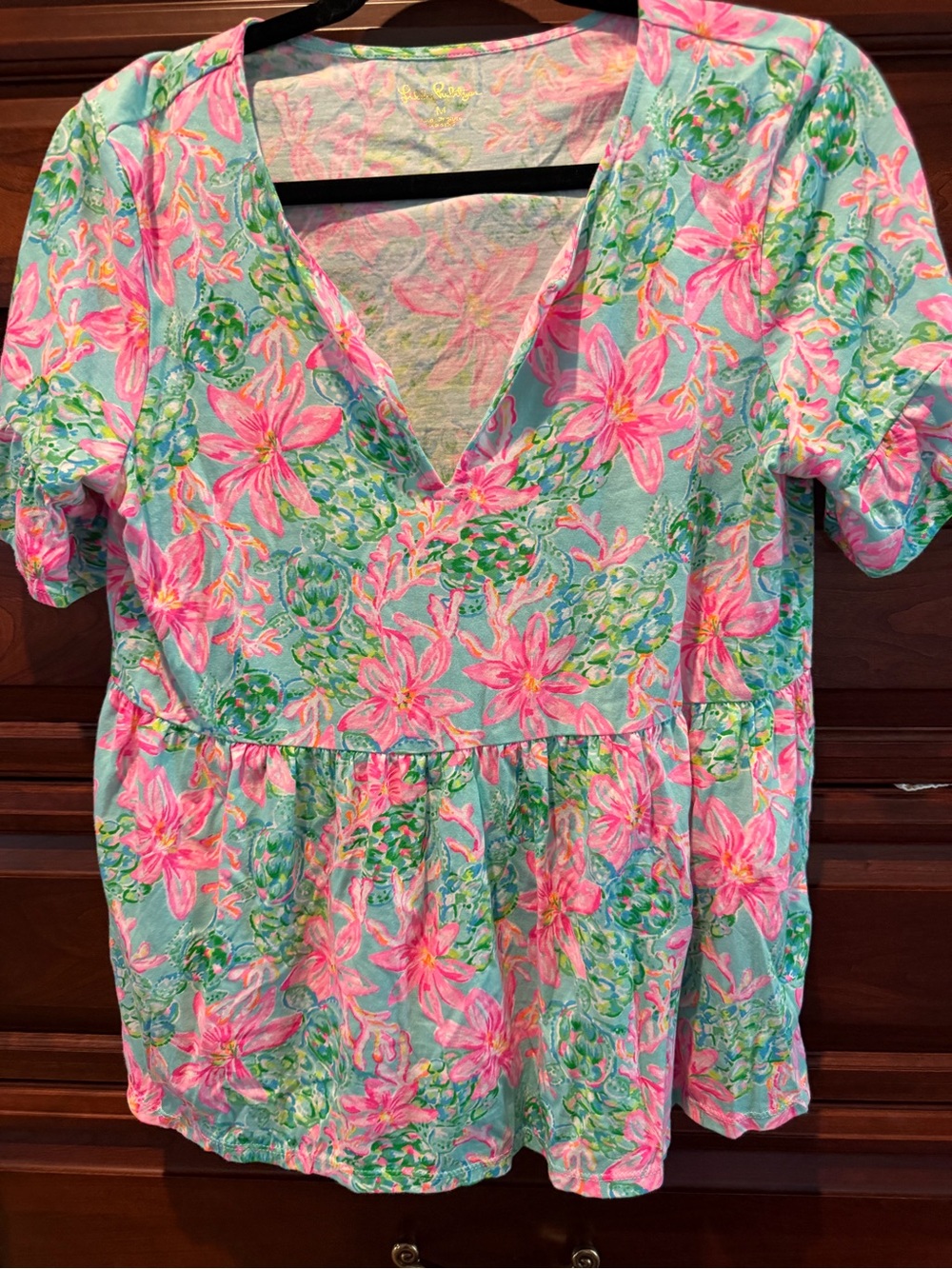 Lilly Pulitzer Aqua and Pink Floral V-Neck Top